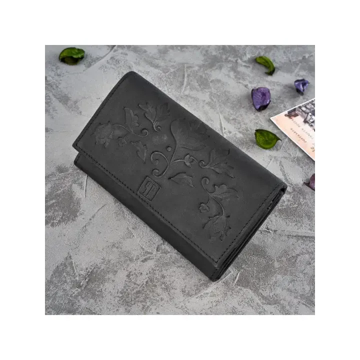 Women's Black Leather Wallet with RFID Protection - Premium Quality, Floral Embossing, Elegant Design