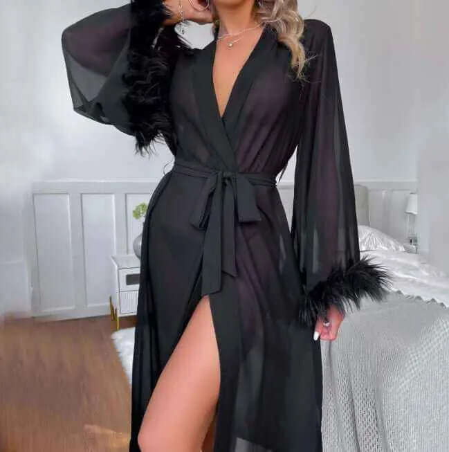 Women's  Silk Feather Long Style Long Sleeve Ladies' Robe